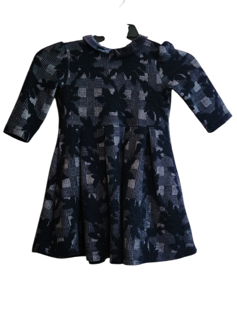 Janie and Jack Navy Jacquard Floral Plaid Fit-and-Flare Dress Velour Collar